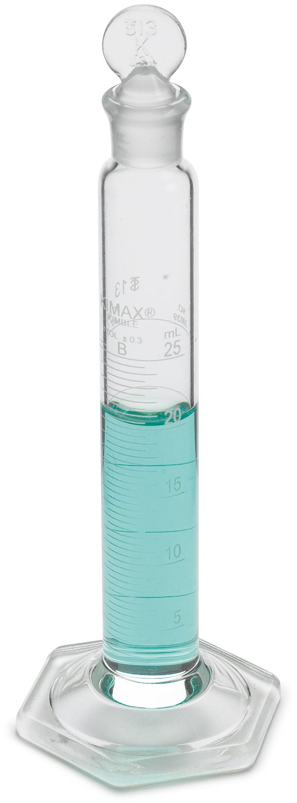 Probeta, graduada, mezcla, vidrio, 25 ml +-0,3 ml, divisiones de 0,5 ml, tapón de vidrio #13, Hach