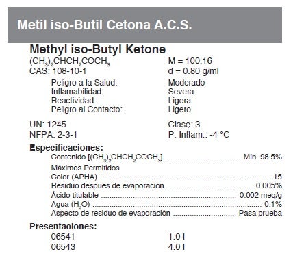 Metilisobutilcetona, ACS, 4 L, Fermont