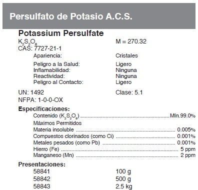 Persulfato de potasio, ACS, 500 g, Fermont