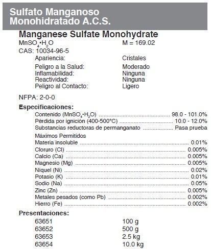 Sulfato de manganeso monohidrato, ACS, 500 g, Fermont