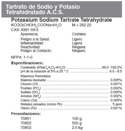 Tartrato de sodio y potasio, ACS, 2,5 kg, Fermont