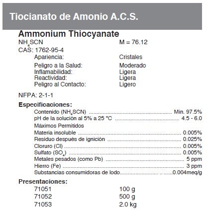 Tiocianato de amonio, ACS, 2 kg (conservar y transportar a baja temperatura), Fermont