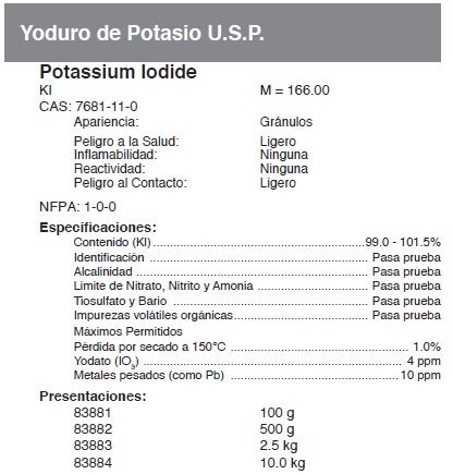 Yoduro de potasio, USP, 2,5 kg, Fermont